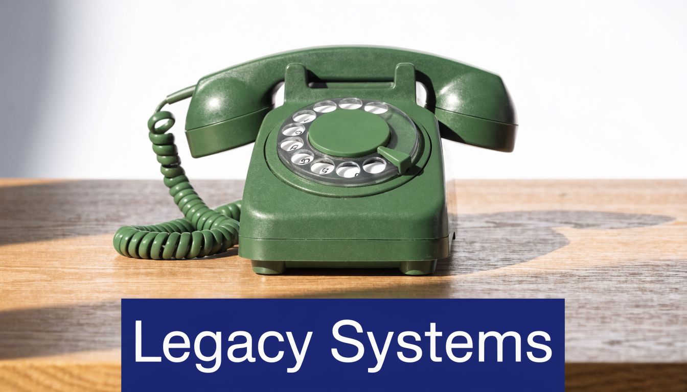 A vintage green rotary telephone sitting on a wooden surface with the text Legacy Systems below it.