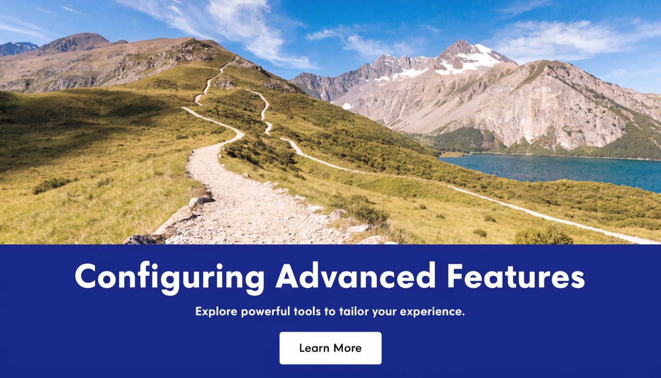A scenic winding hiking path leading towards tall, snow-capped mountains and a calm blue lake.