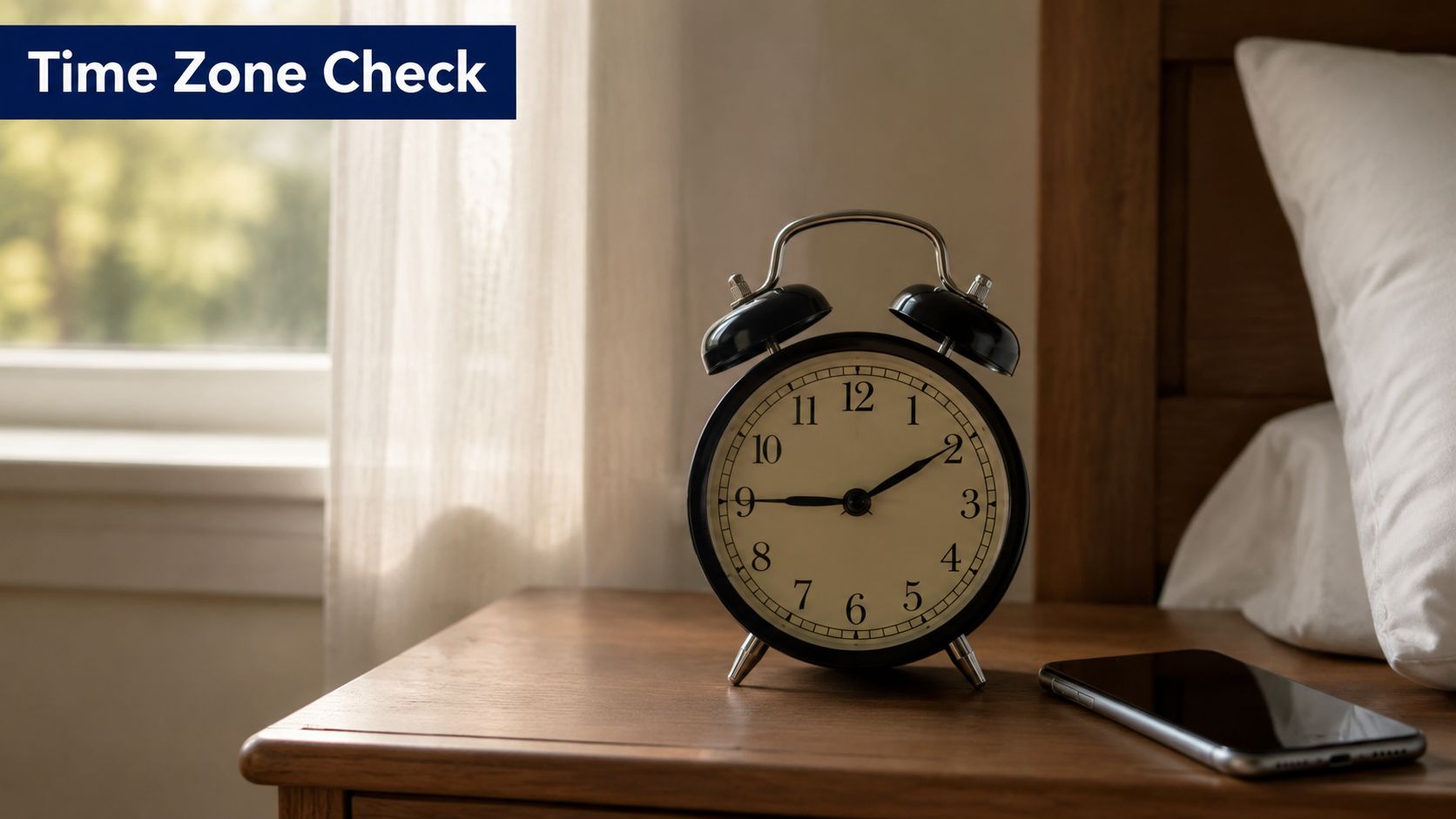 A black alarm clock sitting on a wooden nightstand next to a smartphone in a bedroom.
