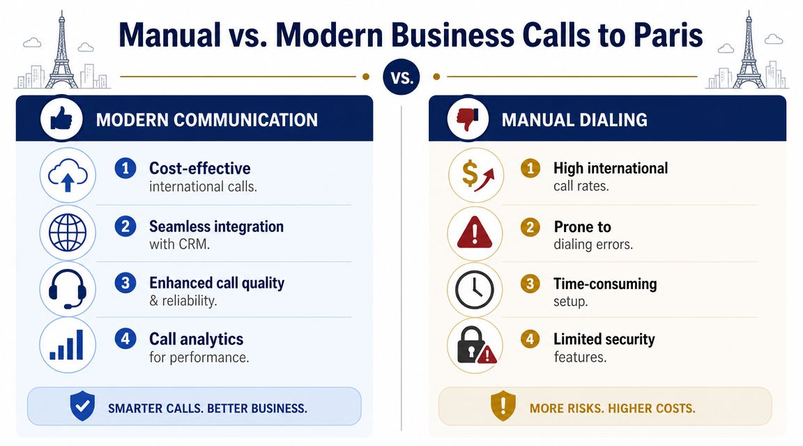 A comparison chart showing benefits of modern communication versus risks of manual dialing for international business calls.