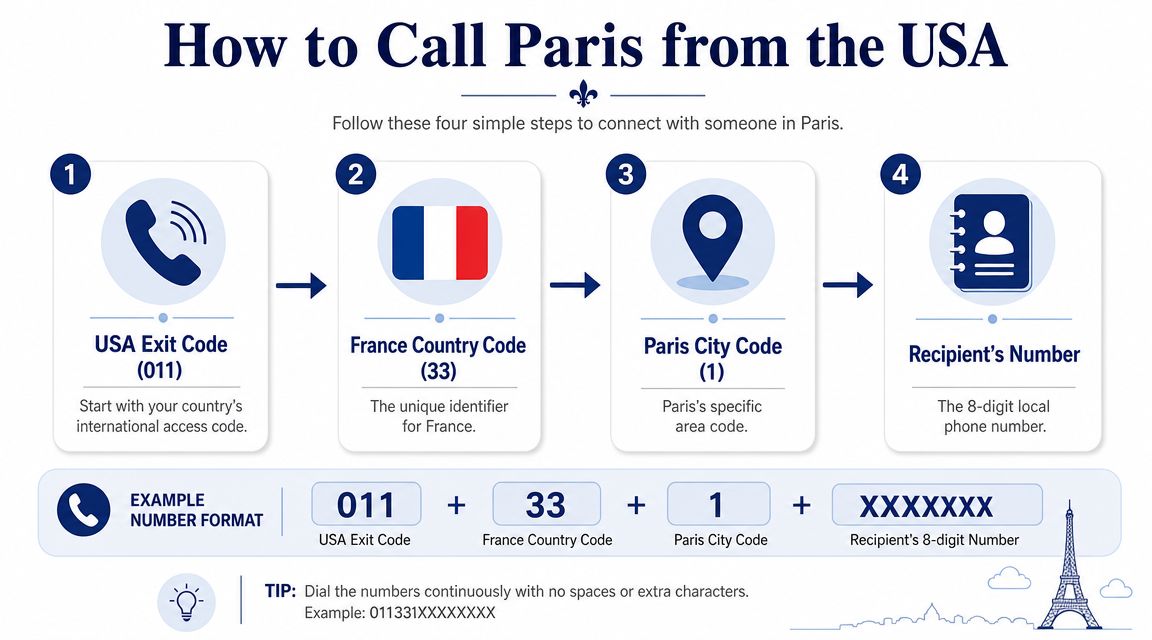 An infographic showing the four steps to dial a Paris phone number from the United States.