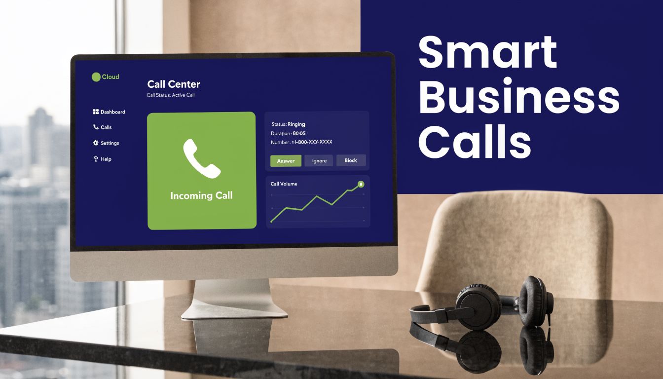 A computer monitor displaying a call center software interface for managing smart business incoming phone calls.