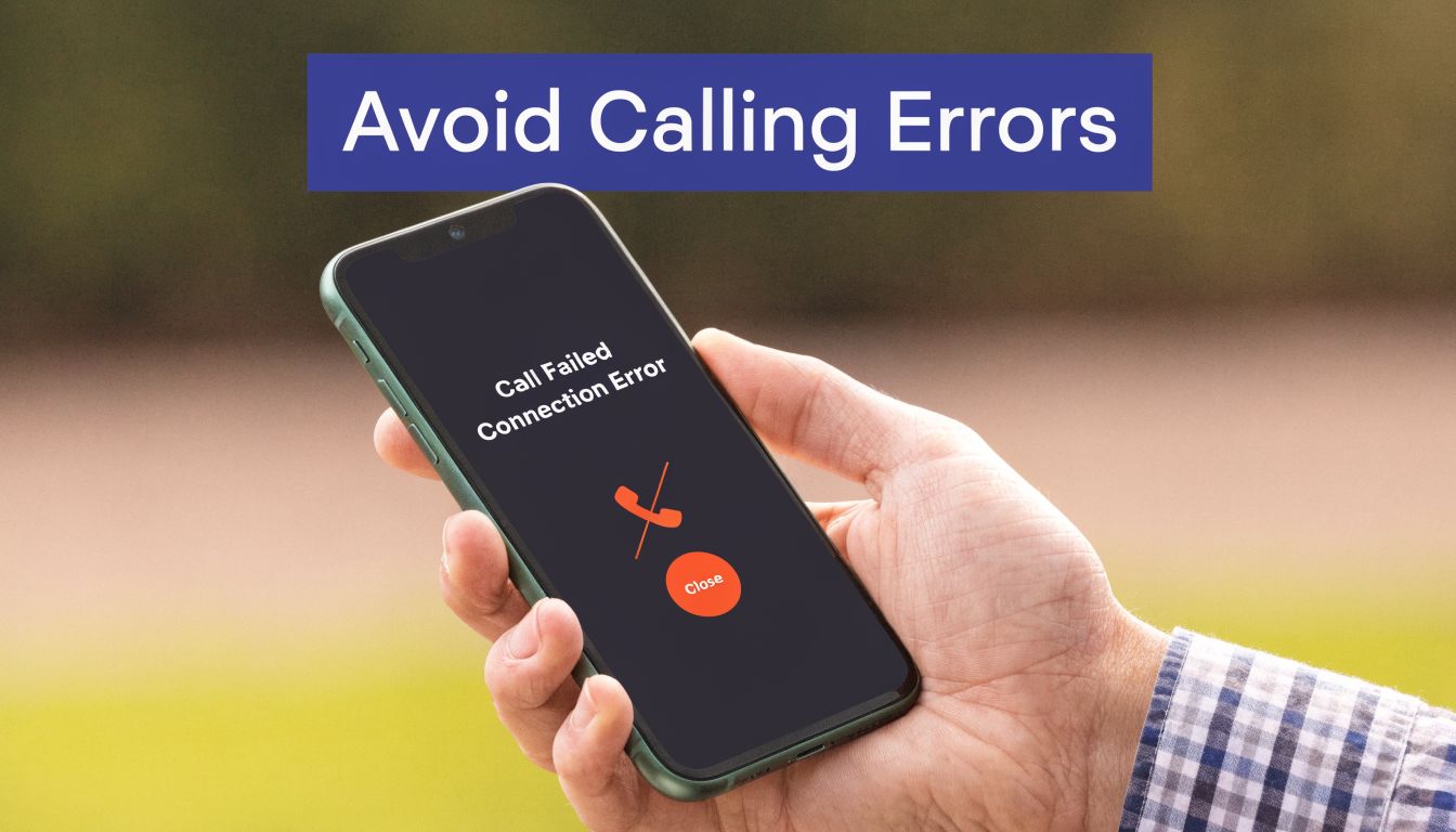 A person holding a smartphone showing a call failed connection error message on the screen.
