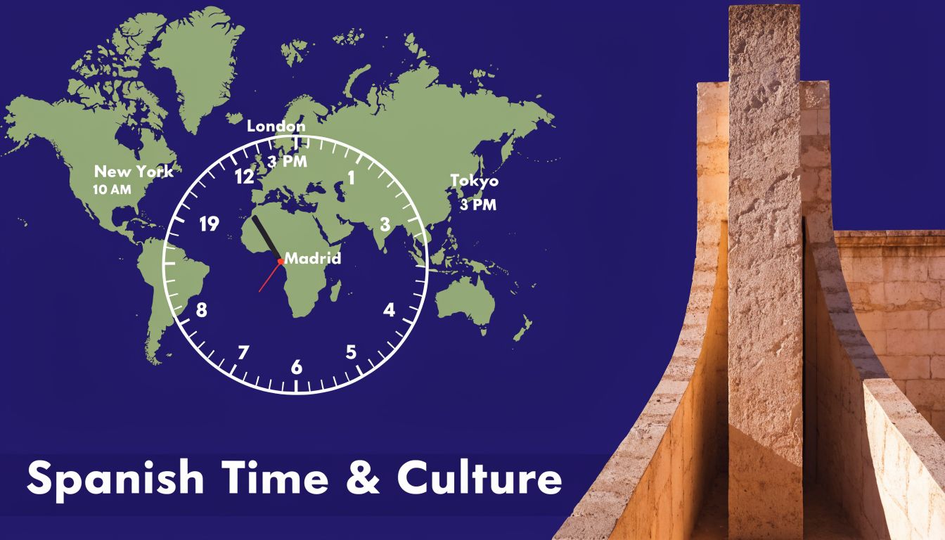 A map of the world featuring a clock overlay showing time differences between major international cities.