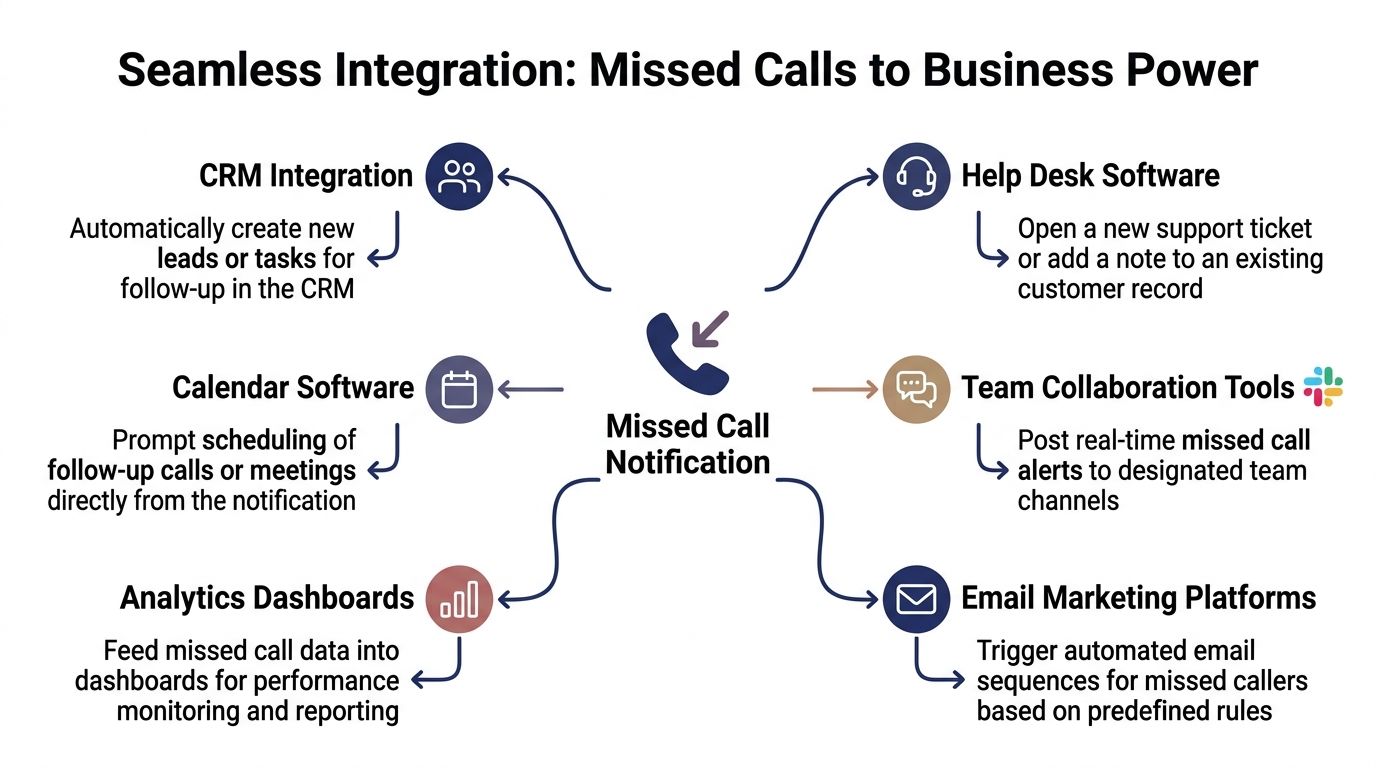 A diagram illustrating how missed call notifications integrate with CRM, calendar, analytics, and team collaboration software.