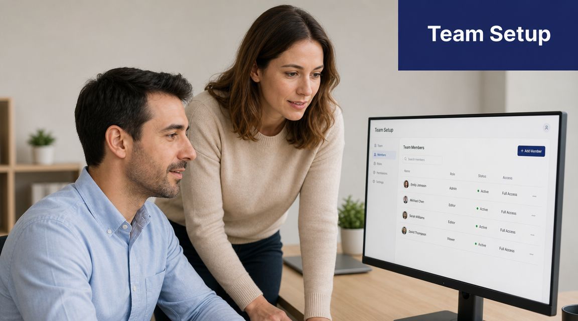 Two professional colleagues reviewing team member roles and permissions on a computer screen in an office.