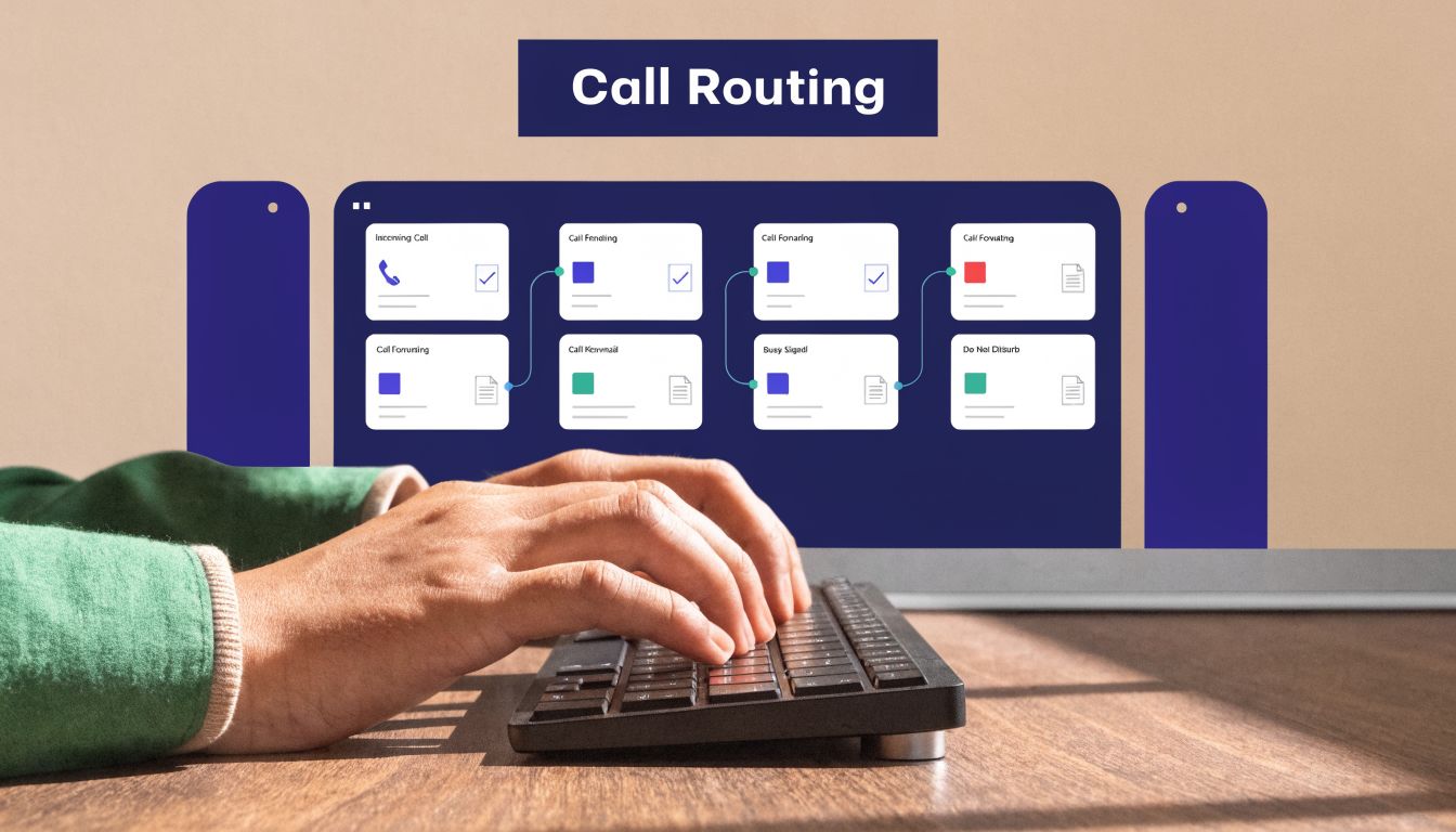 A person typing on a keyboard in front of a digital diagram illustrating call routing processes.