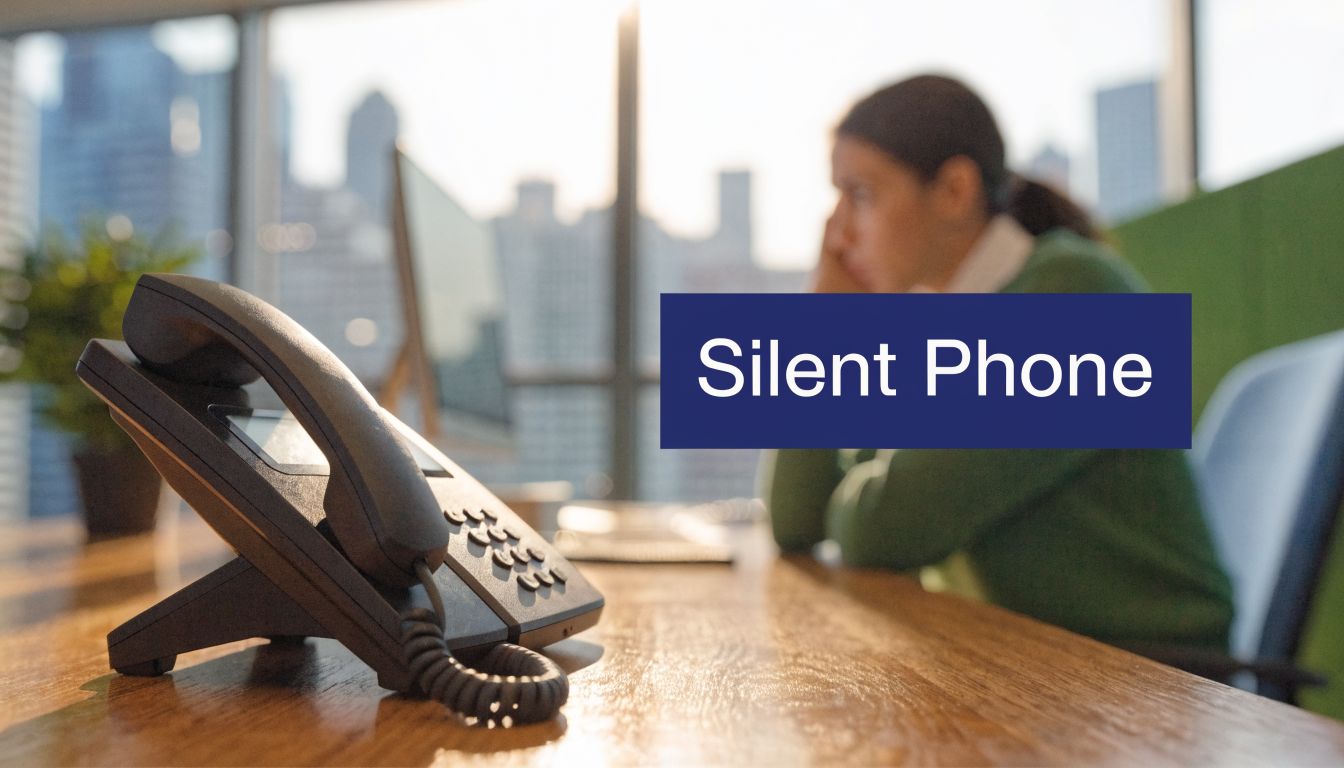 A person sitting at an office desk looking at a computer screen with a silent phone nearby.