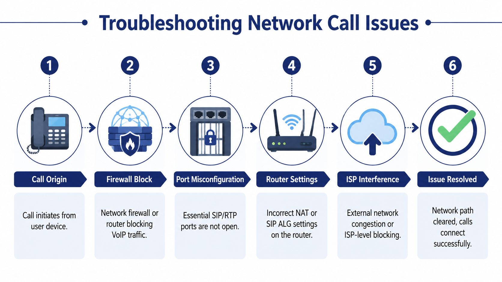 A six-step infographic illustrating the troubleshooting process for network call issues, from call origin to resolution.