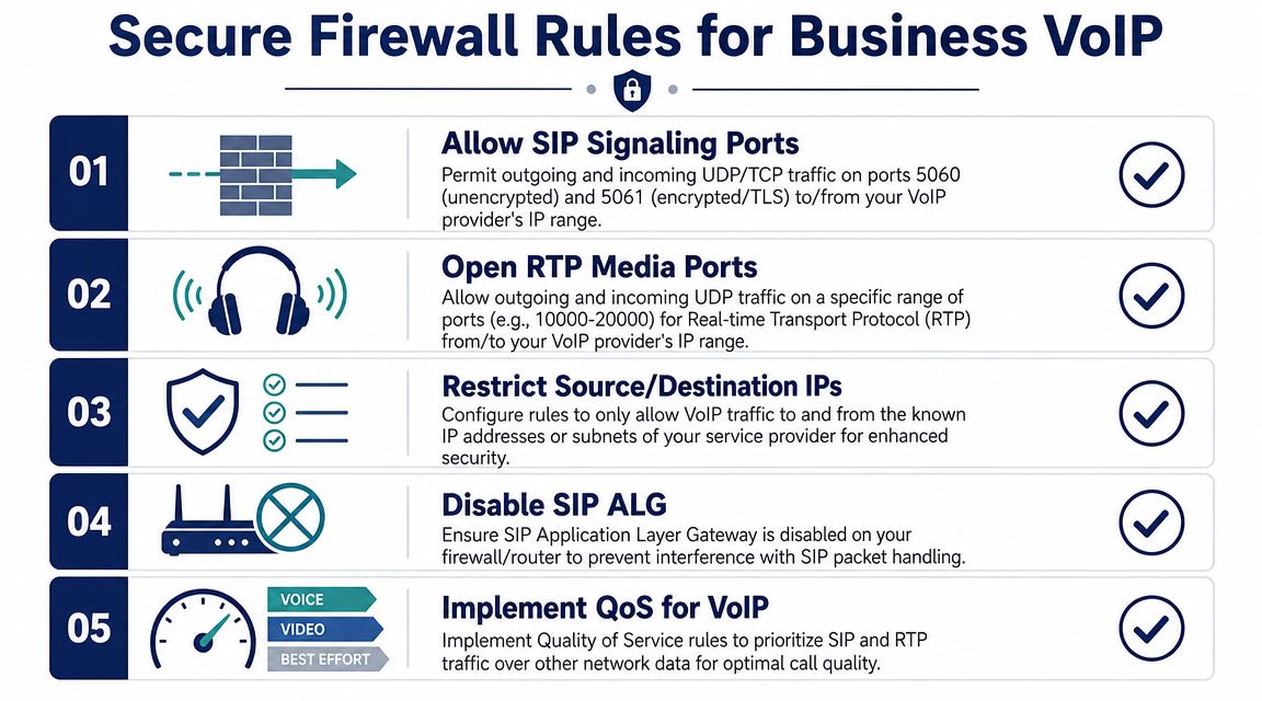 A diagram outlining five essential firewall rules for securely managing business VoIP network communication and traffic.