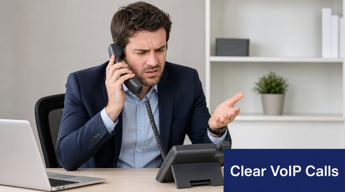 A businessman looking frustrated while on a VoIP phone call at his office desk.