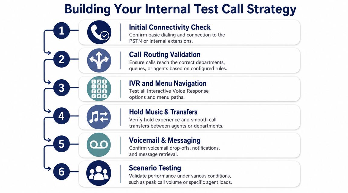 A flowchart infographic titled Building Your Internal Test Call Strategy illustrating six key steps for testing phone systems.