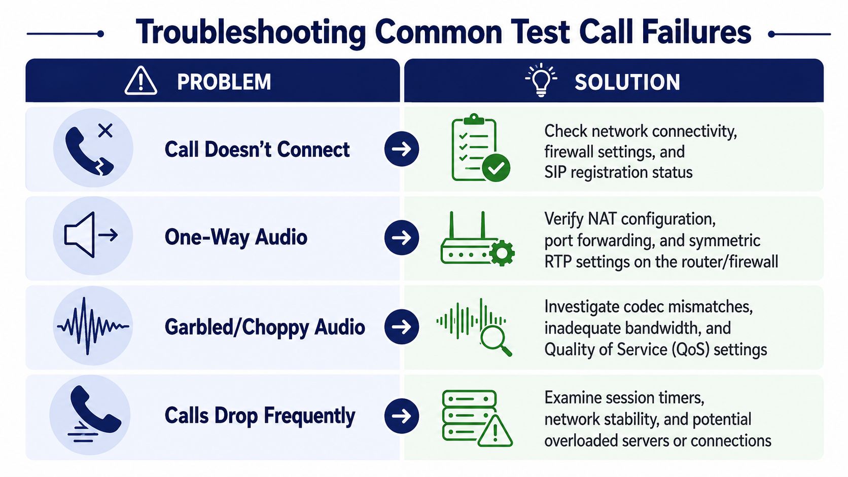 A troubleshooting guide chart showing common VoIP test call failures, problems, and their corresponding technical solutions.