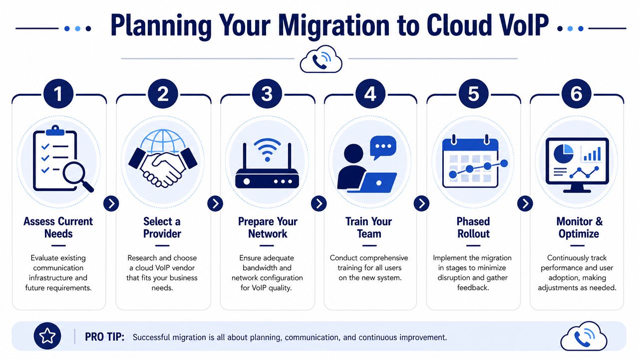 A six-step infographic illustrating the professional process for planning a business migration to cloud VoIP services.