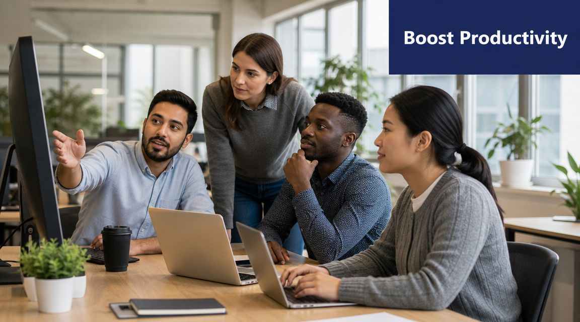 A diverse group of four office workers collaborating on a project in a modern professional workspace.