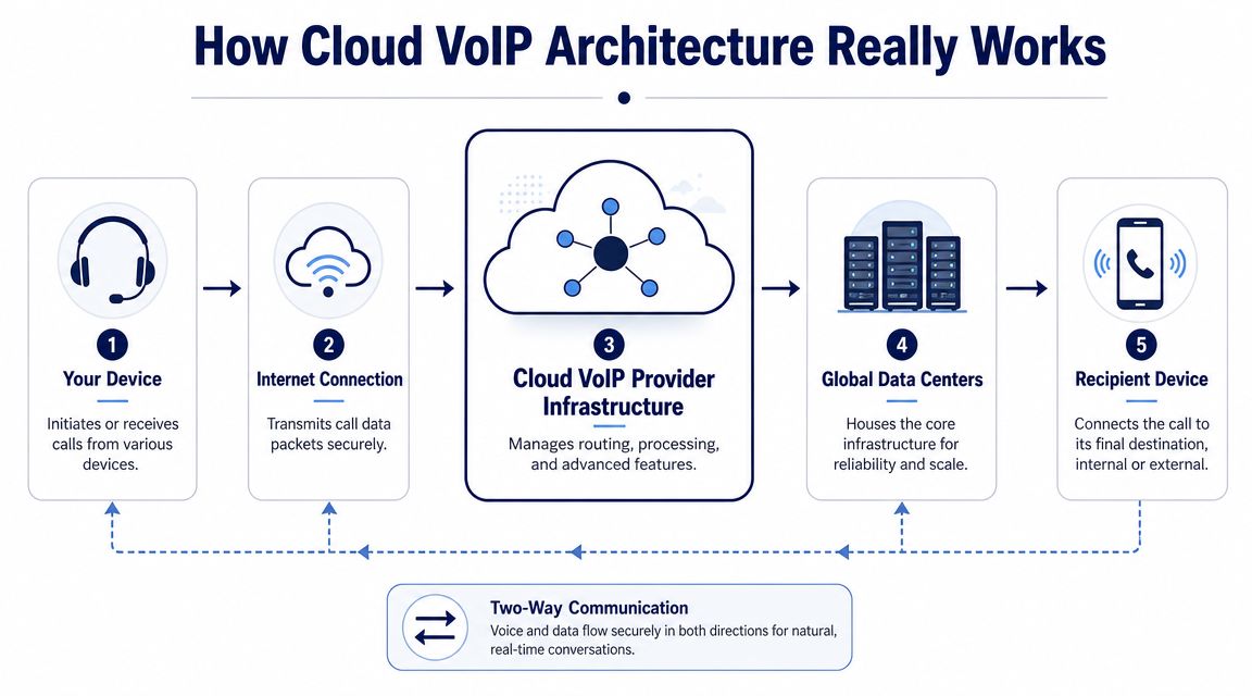 A diagram illustrating how cloud VoIP architecture functions with five distinct steps from initiation to reception.