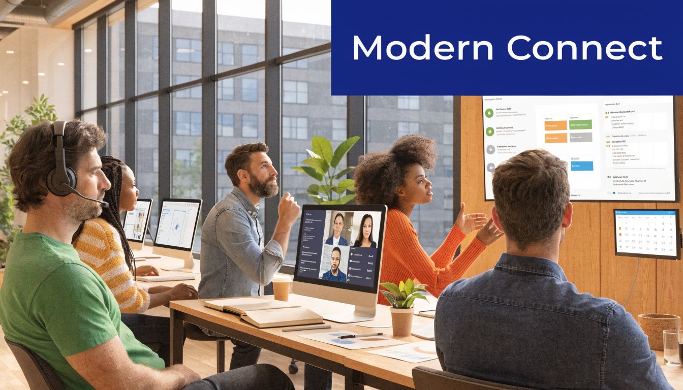 A diverse team collaborating in a modern office using VoIP phone systems and digital video conferencing tools.