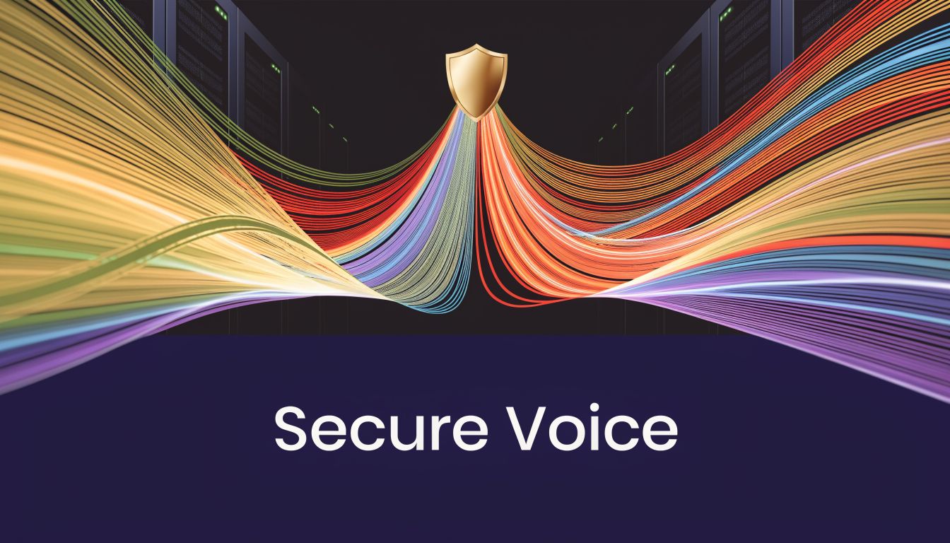 A digital graphic showing colorful data streams flowing towards a golden shield with the words Secure Voice.