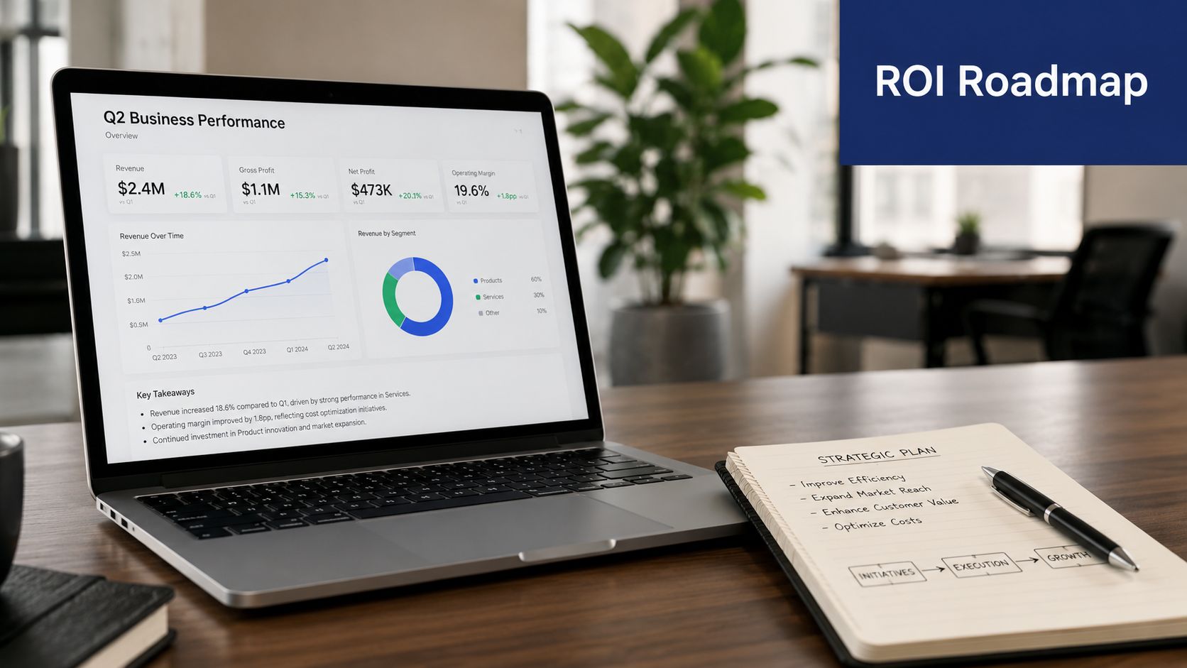 A laptop displaying business performance charts and a notepad with a strategic plan on a wooden desk.