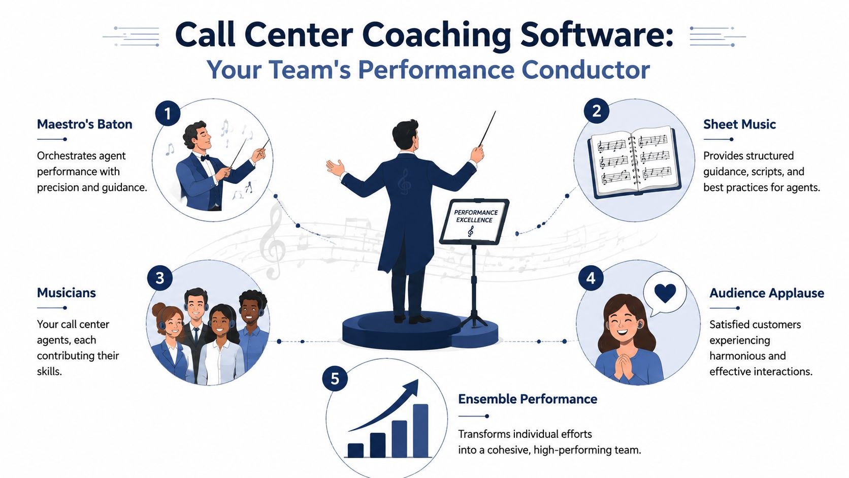 An infographic illustrating how call center coaching software acts like a conductor to improve agent performance.