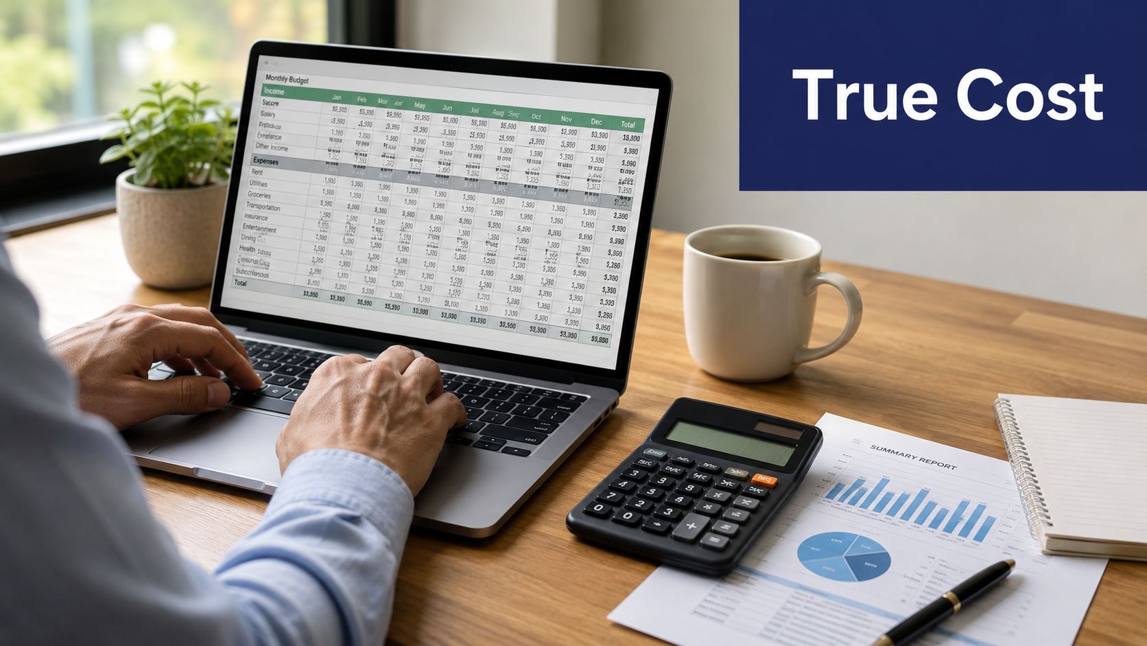 A person using a laptop to manage a monthly budget spreadsheet with charts and a calculator nearby.