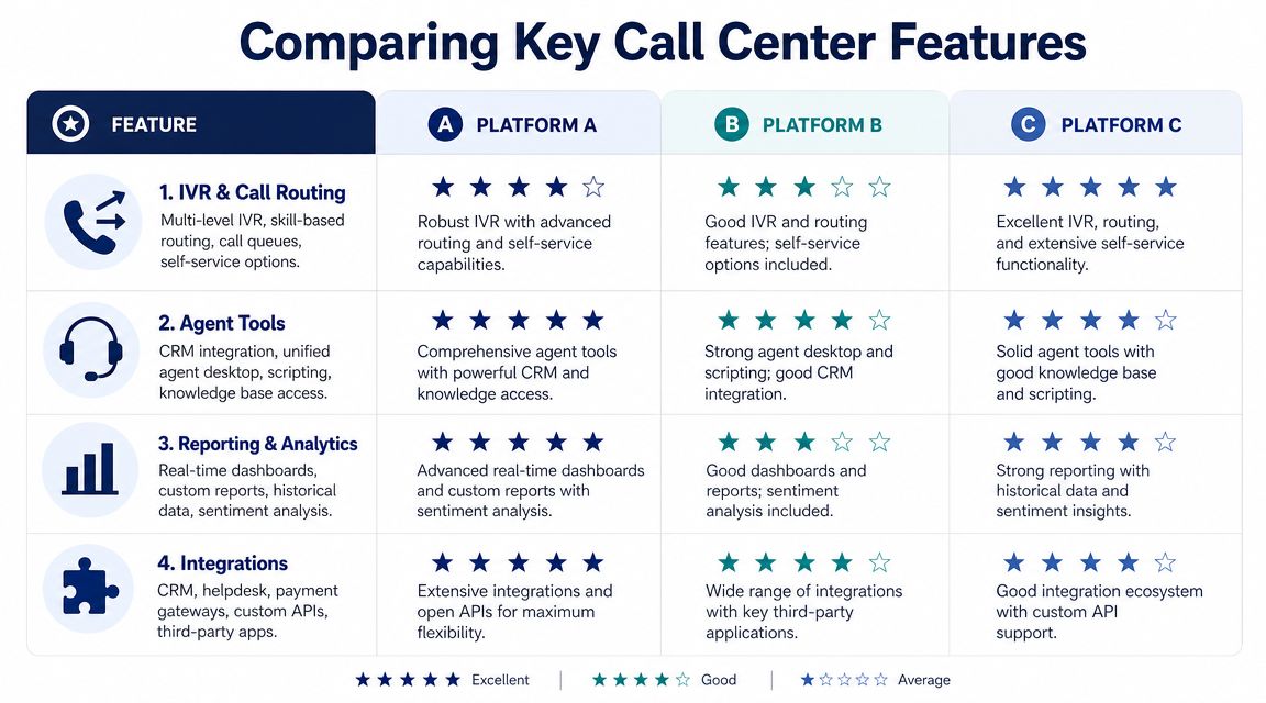 A comparison chart evaluating key call center features across three different software platforms using star ratings.