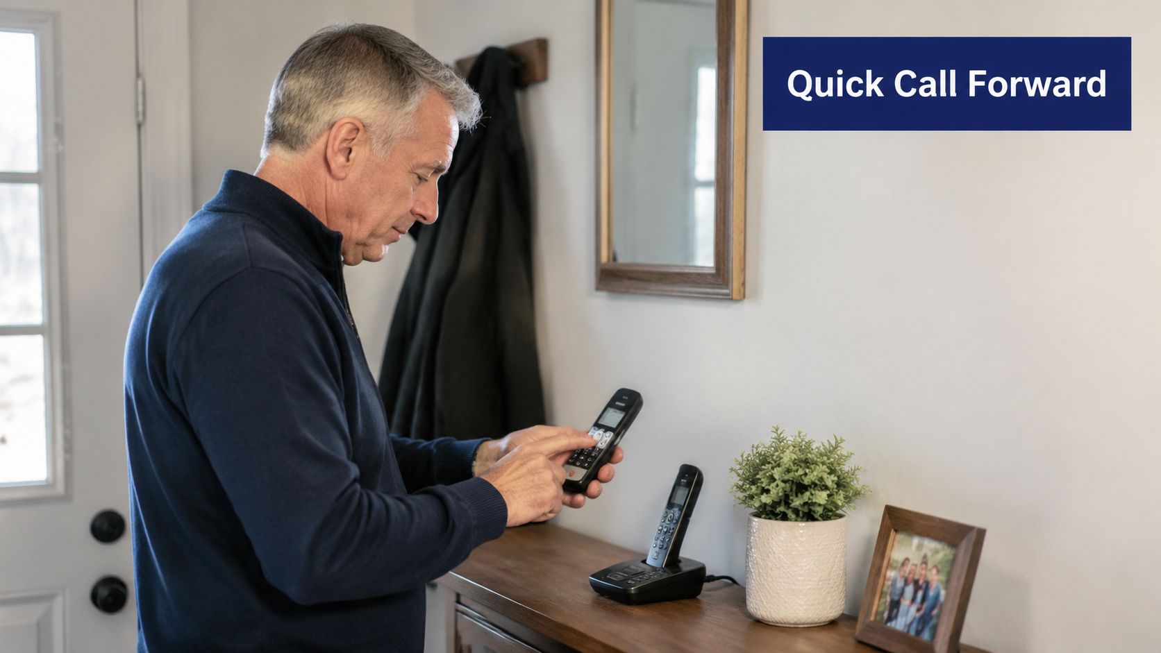 An older man in a navy blue sweater uses an AT&T home phone handset for call forwarding.
