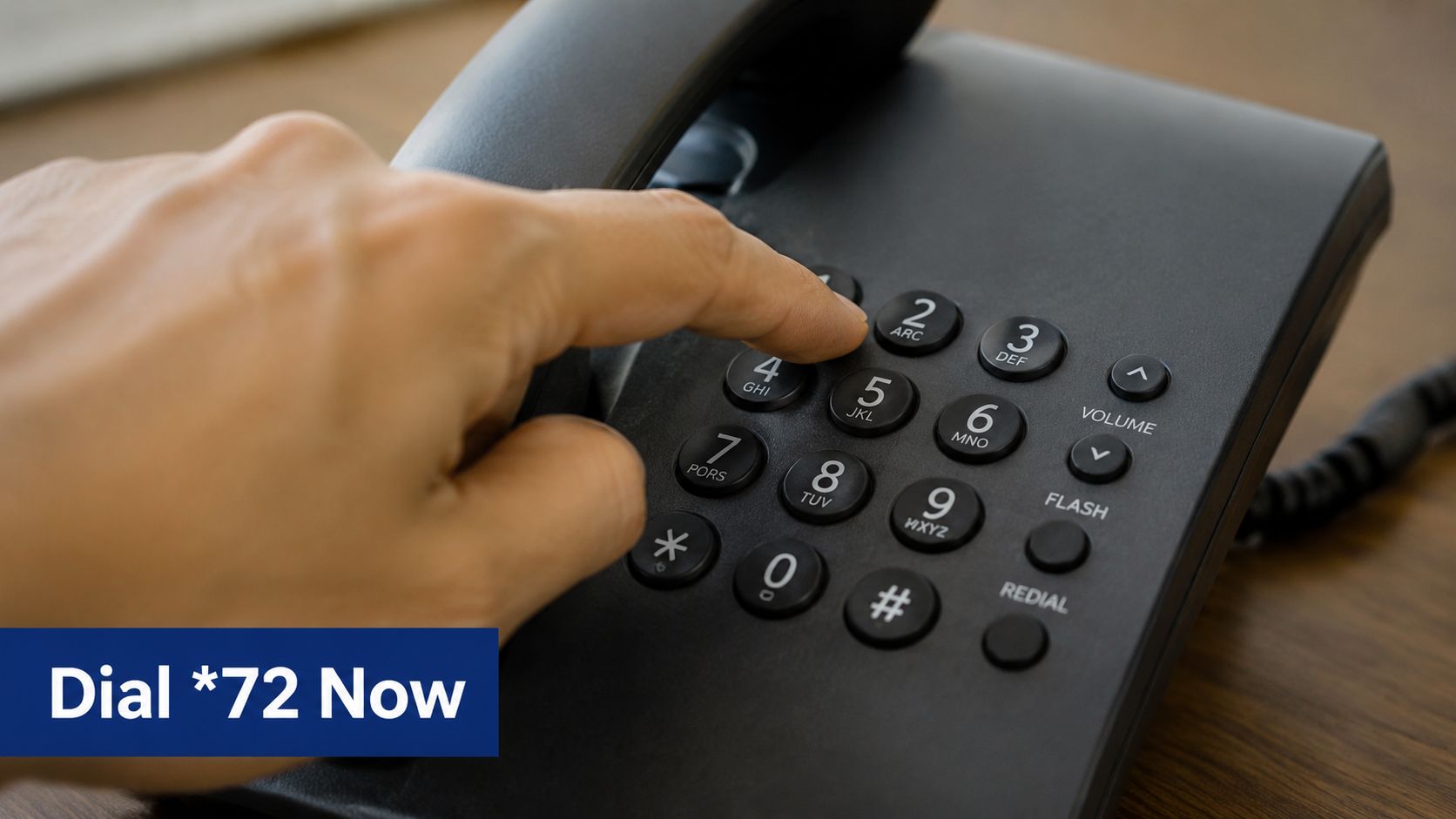 A close-up view of a person's finger pressing buttons on a black landline office telephone.