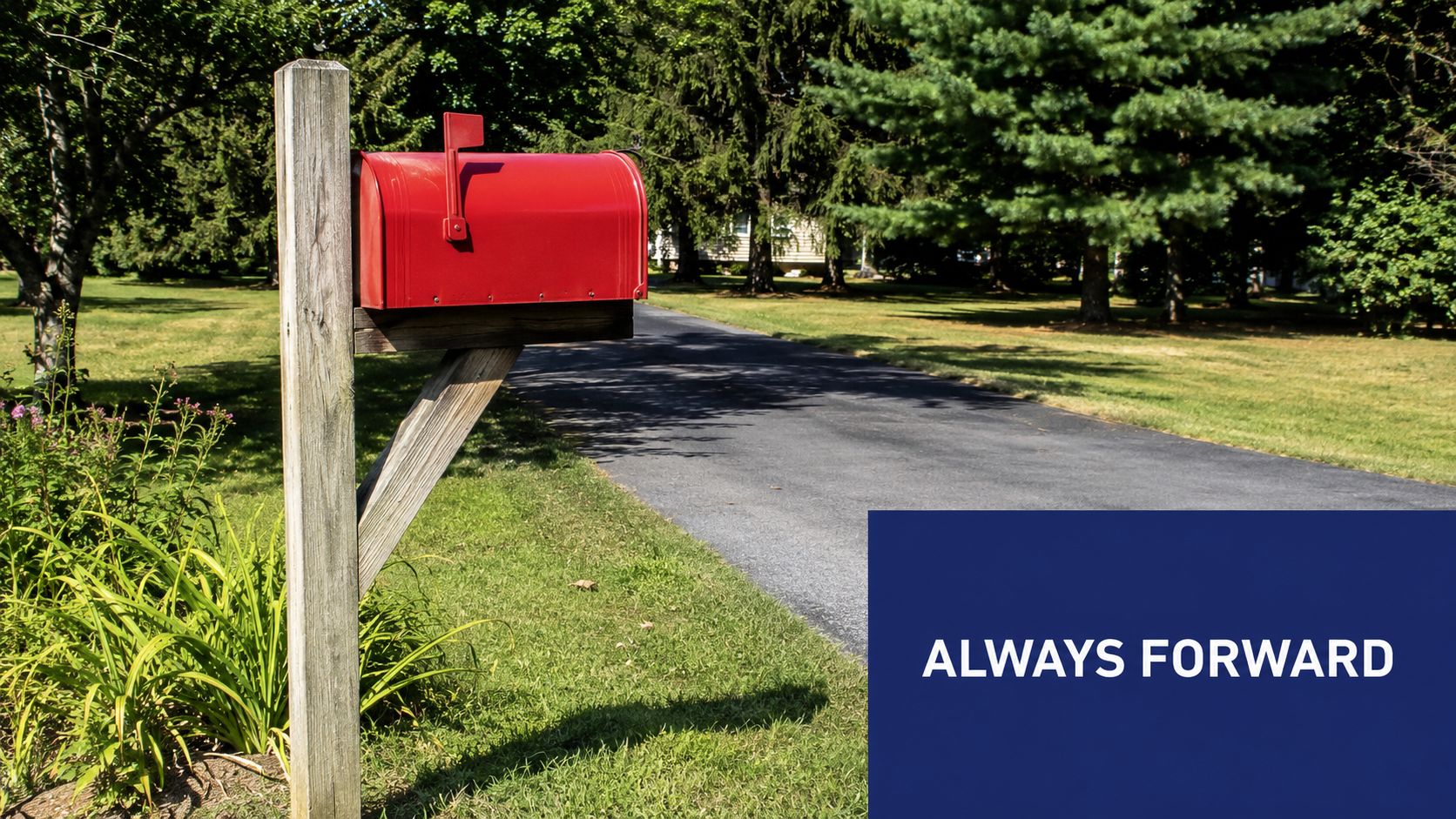A bright red rural mailbox standing on a wooden post beside a paved driveway leading to trees.
