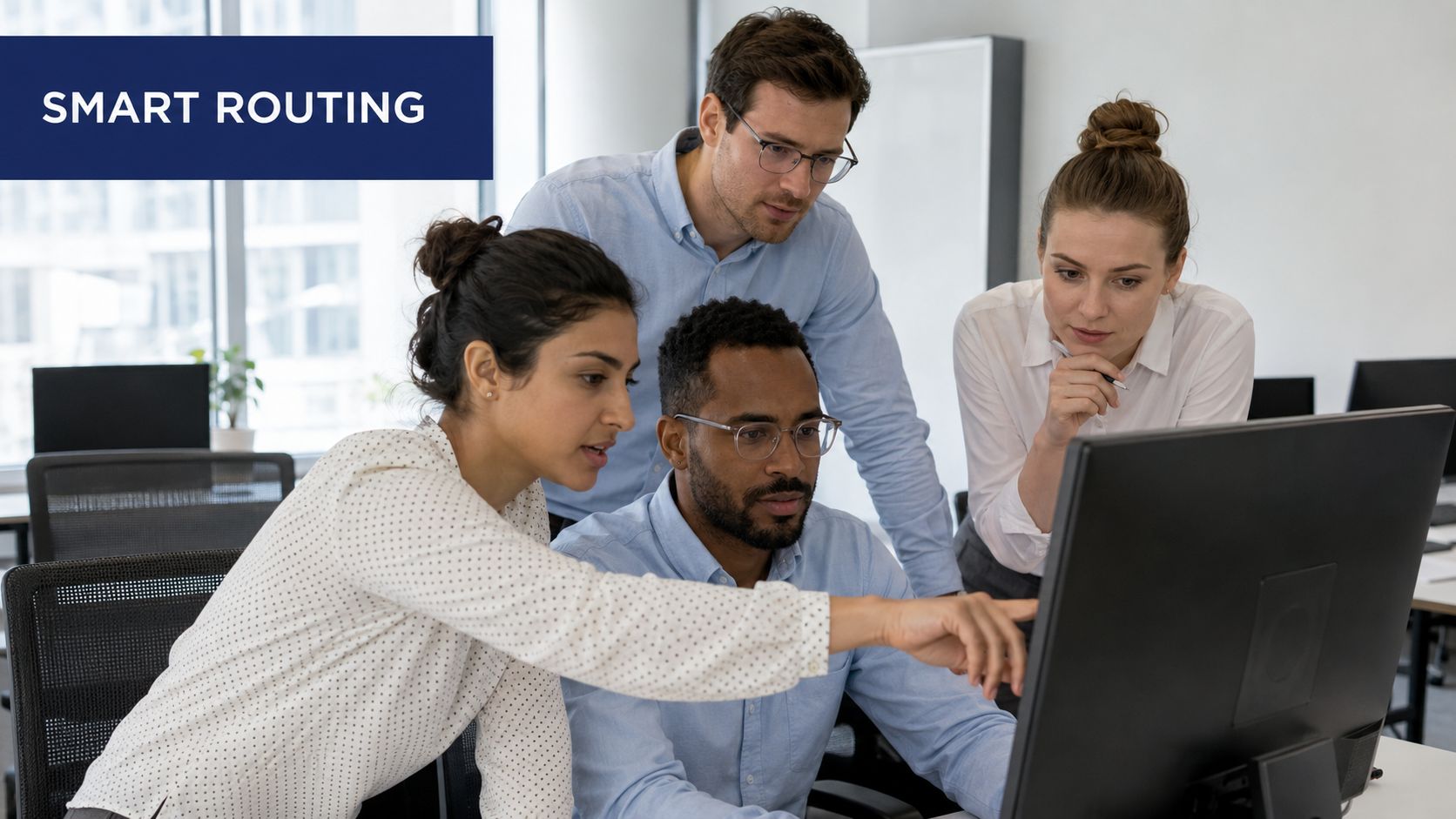 A team of diverse professionals collaborating on a project in a modern office using a computer.
