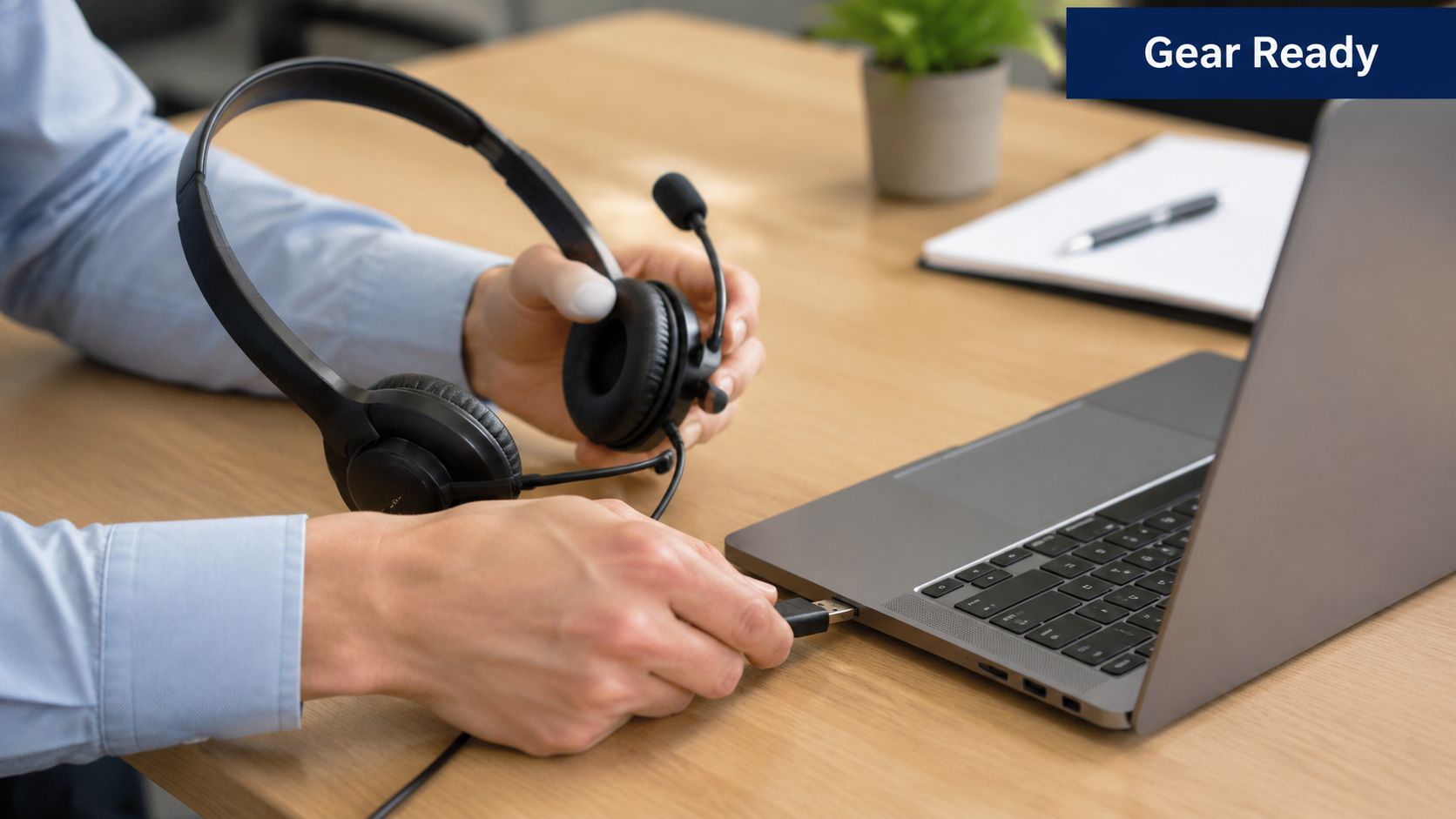 A person in a blue shirt connecting a black USB headset to a laptop computer.