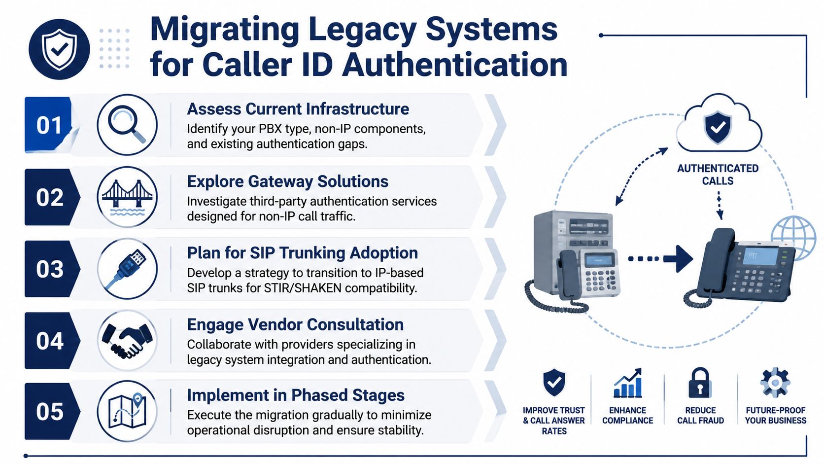 A five-step infographic guide explaining how to migrate legacy phone systems to modern caller ID authentication protocols.