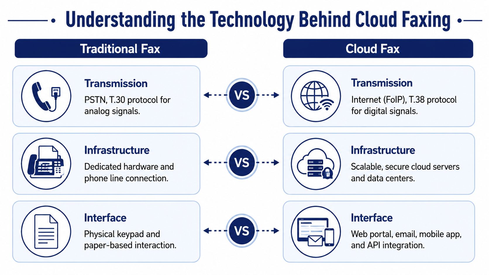 A comparison chart showing the differences between traditional analog fax machines and modern cloud fax solutions.