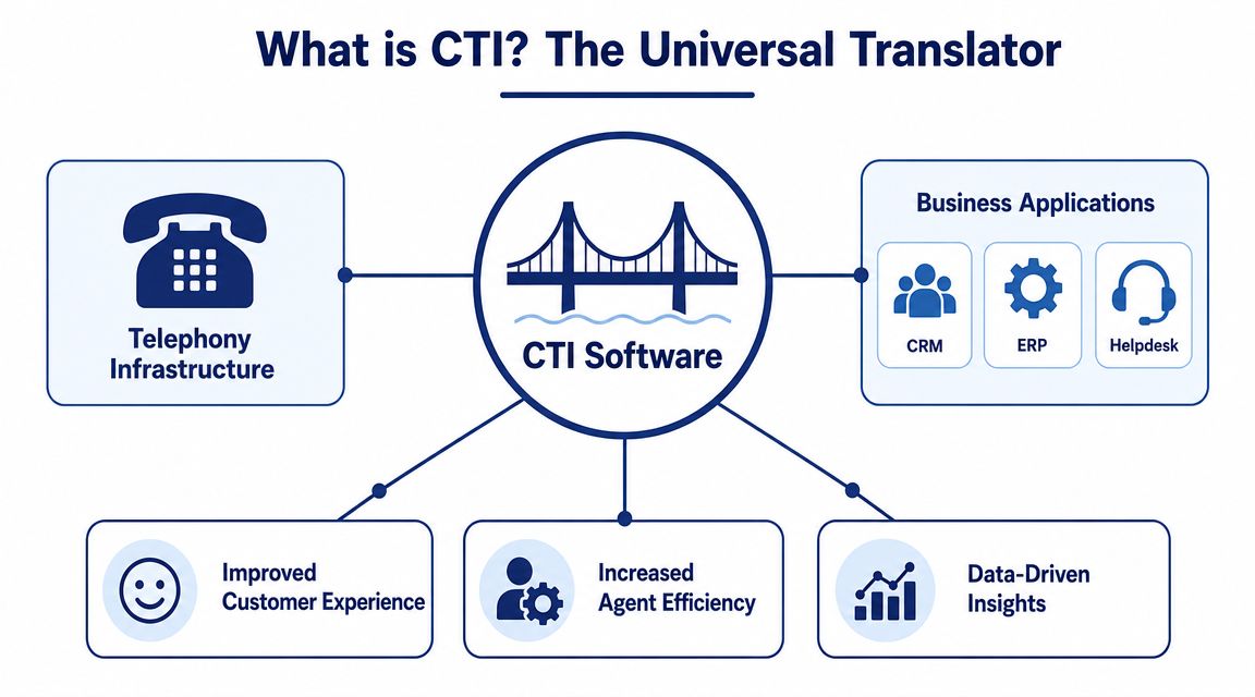A diagram illustrating CTI software acting as a bridge between telephony infrastructure and business applications.