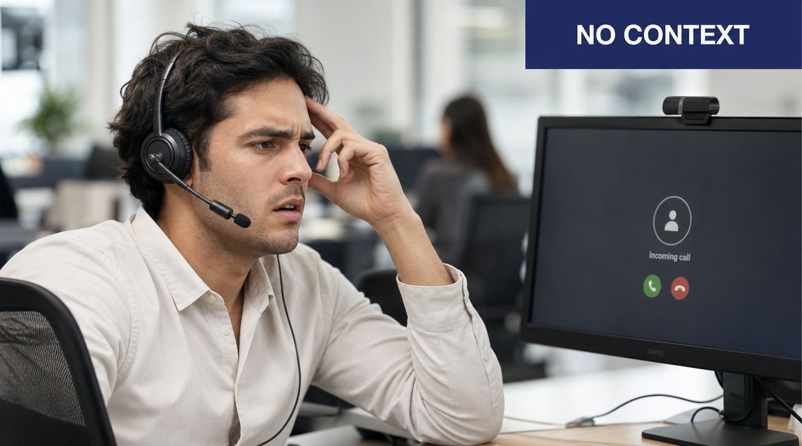 A concerned office worker wearing a headset looks at an incoming video call on his computer monitor.
