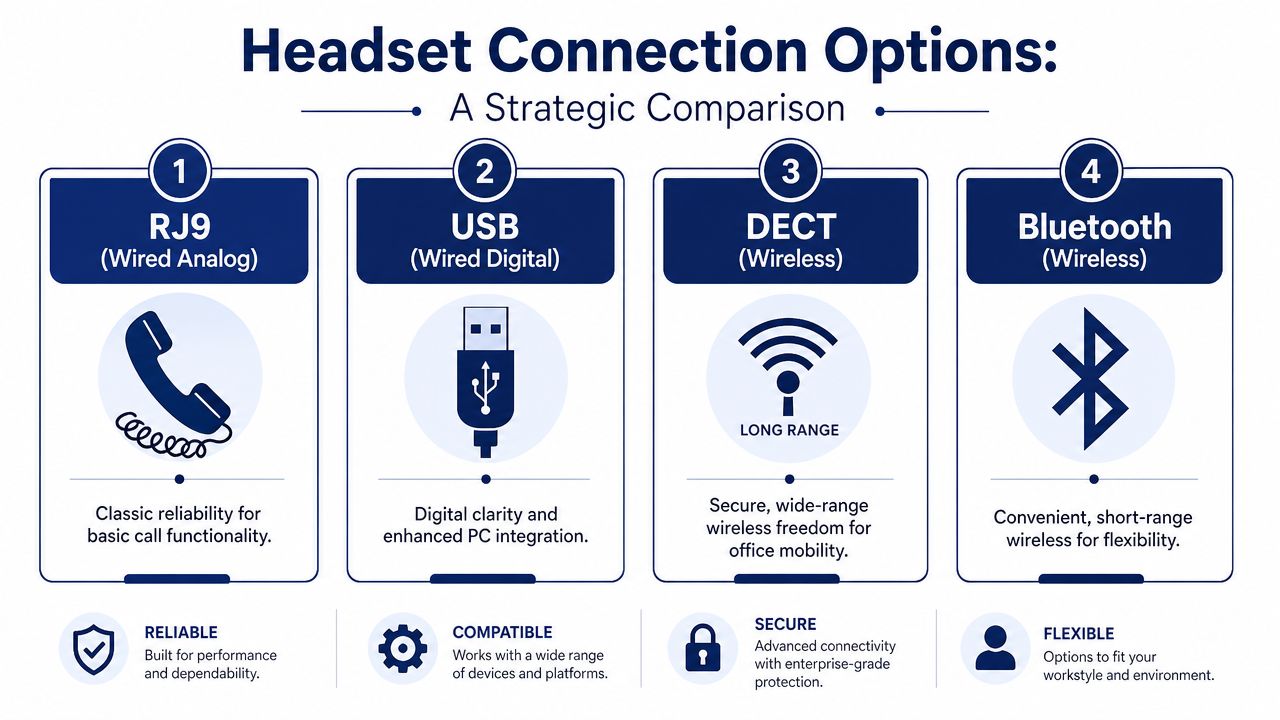 A comparison chart outlining four common headset connection options: RJ9, USB, DECT, and Bluetooth for professional use.