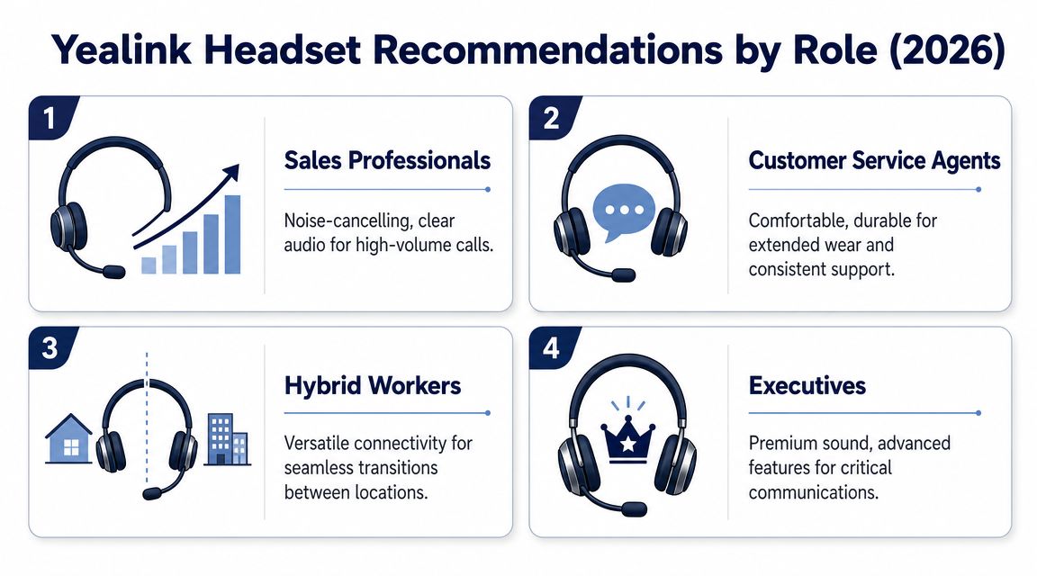A guide showing Yealink headset recommendations for sales professionals, customer service agents, hybrid workers, and company executives.