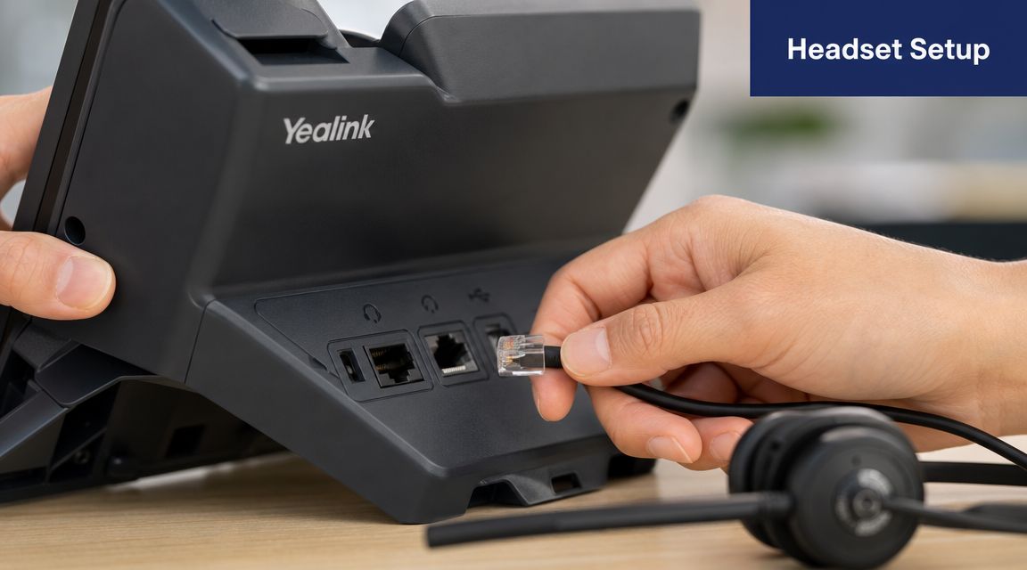 A close up view of a person connecting a headset cable to the port of a Yealink phone.