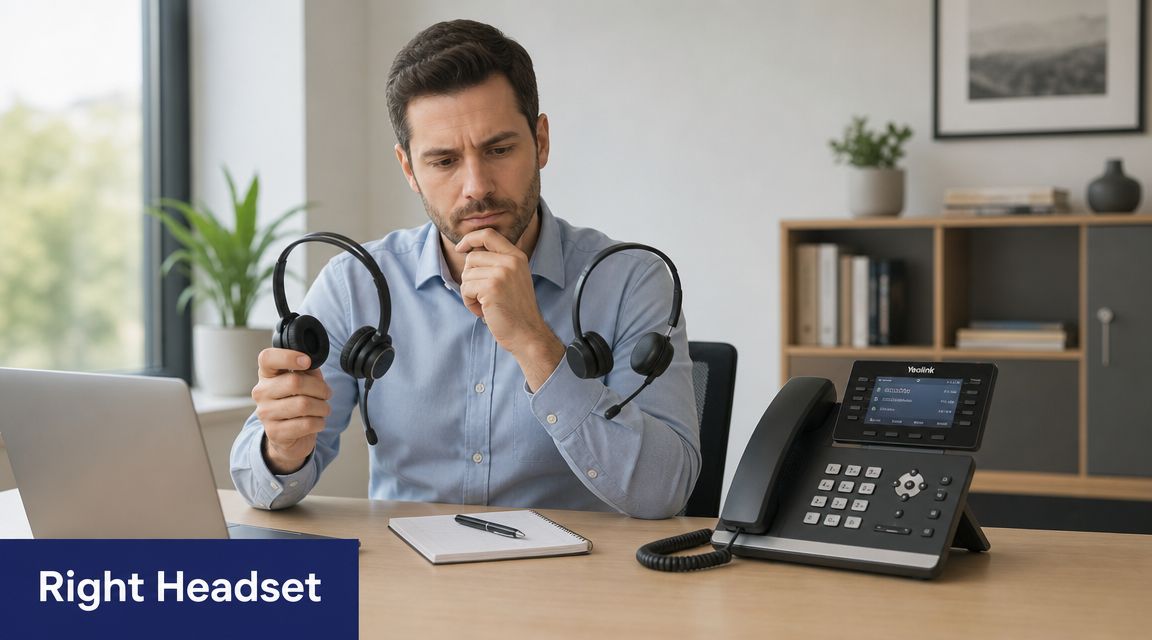 A man in a home office comparing two professional headsets while sitting at his desk.