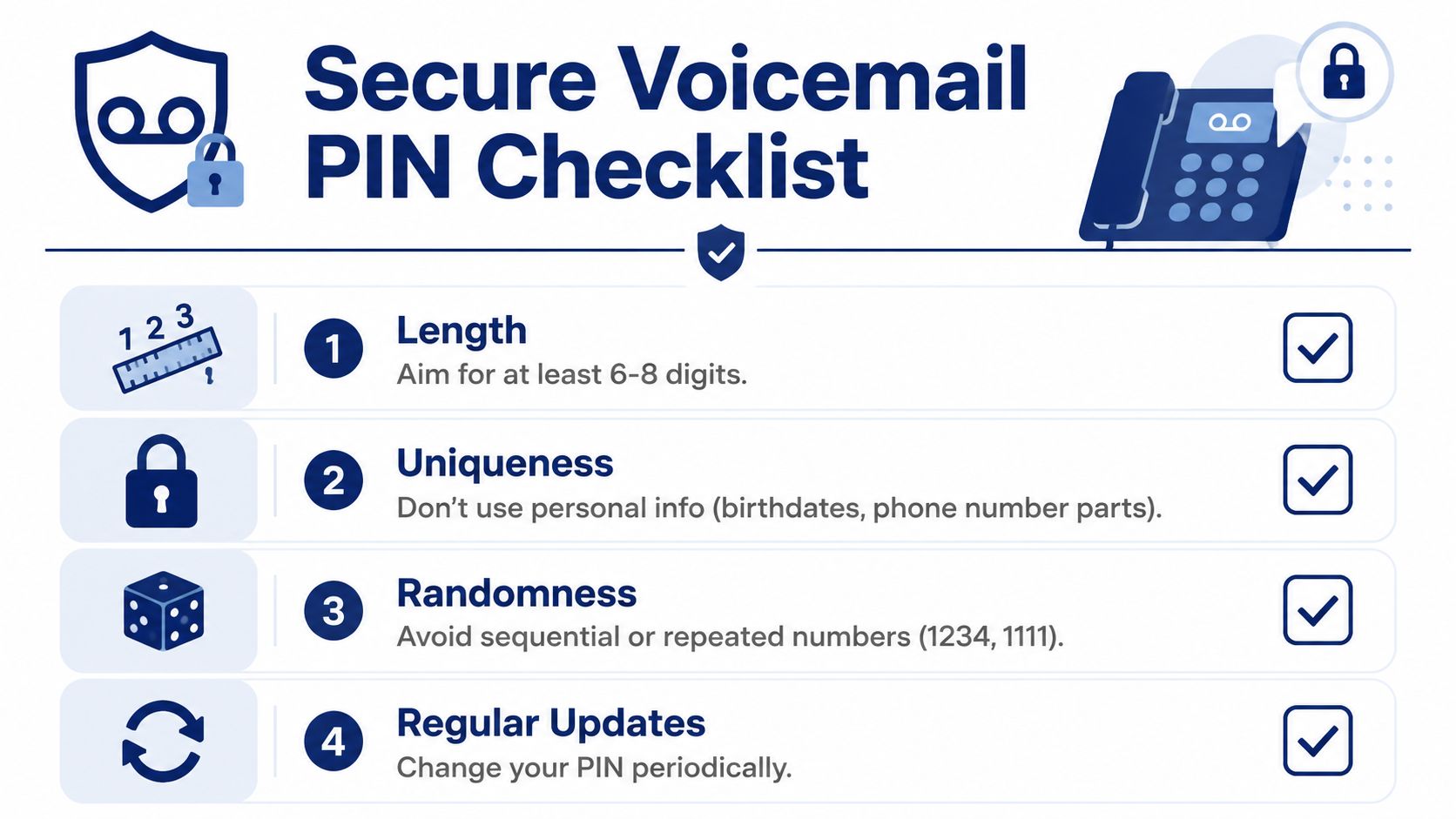 An infographic checklist for creating a secure voicemail PIN using four key security best practices.