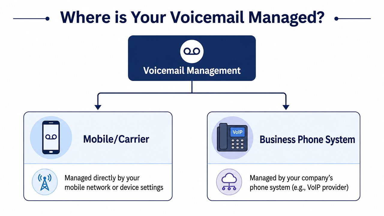 A diagram explaining that voicemail is managed either by a mobile carrier or a business phone system.