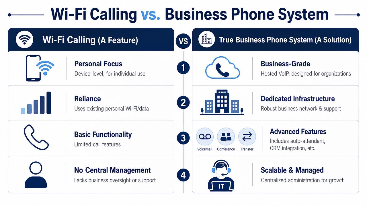 A comparison chart showing differences between basic Wi-Fi calling and professional business phone systems.