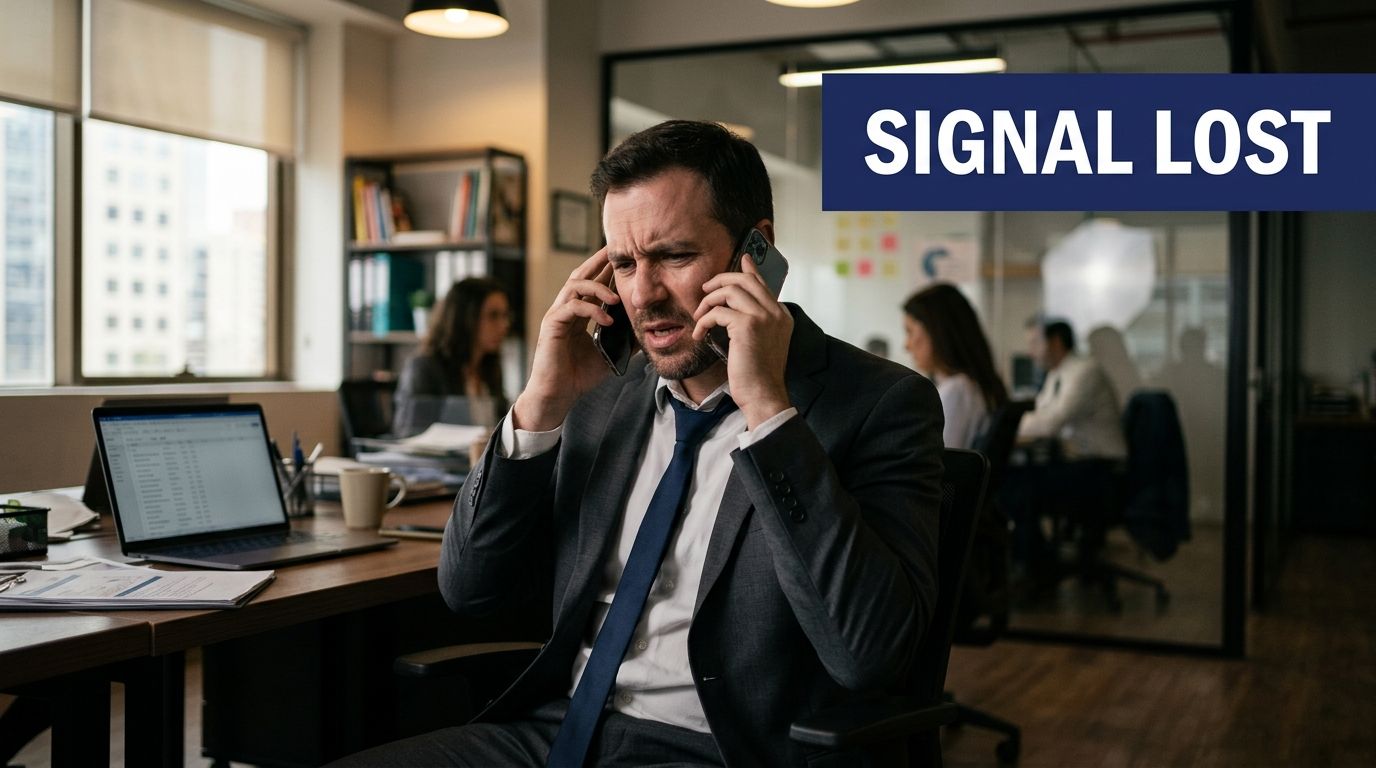 A stressed businessman in an office holding two smartphones while dealing with connectivity issues.