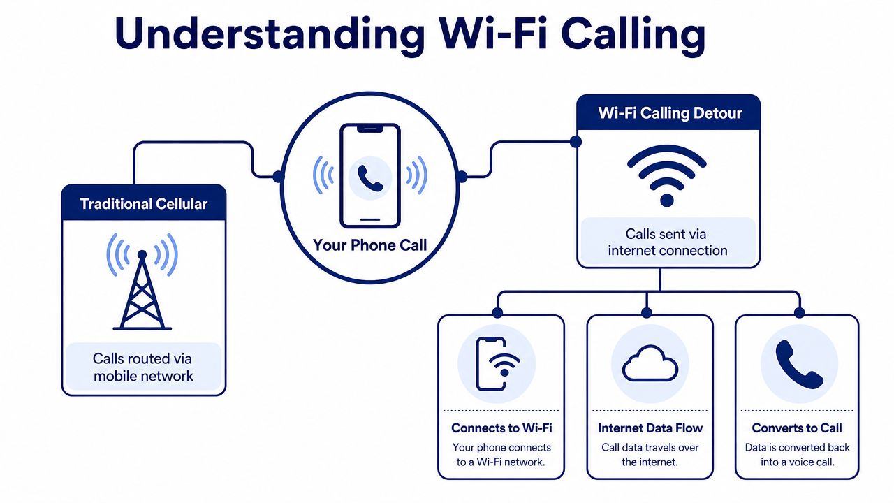 A diagram illustrating how Wi-Fi calling works compared to traditional cellular networks using an internet connection.