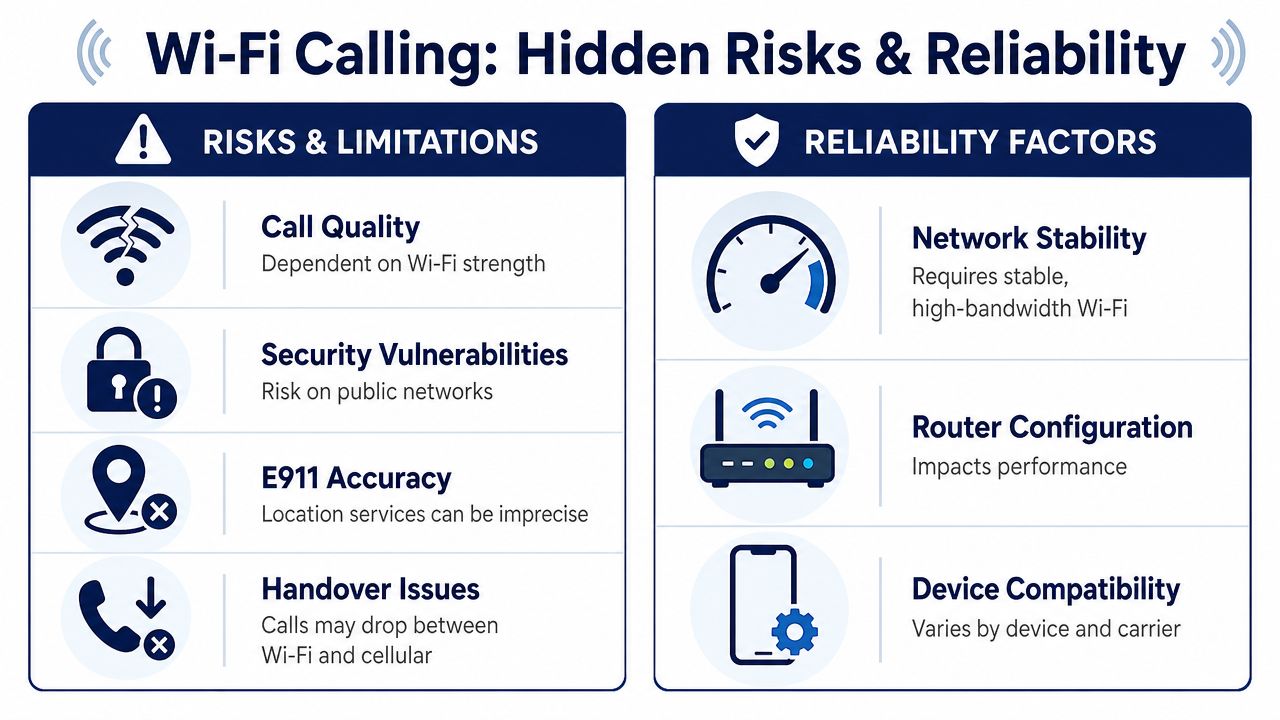 An infographic titled Wi-Fi Calling: Hidden Risks & Reliability explaining potential network limitations and factors for connectivity.