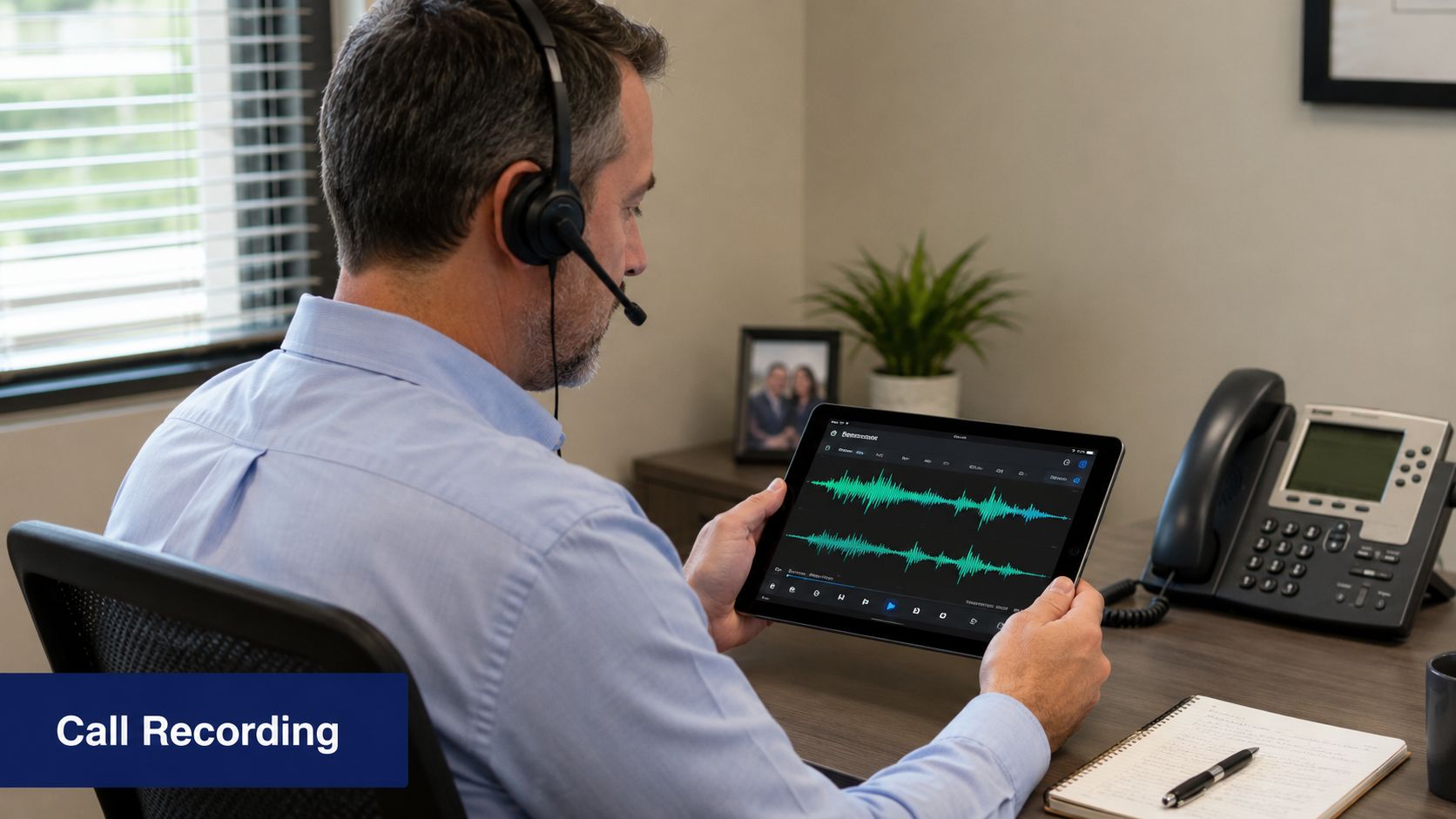 A professional man with a headset reviewing audio waveforms on a digital tablet at his office desk.