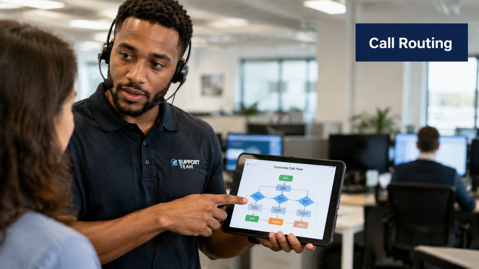 A support team member wearing a headset explains a customer call flow diagram on a tablet.