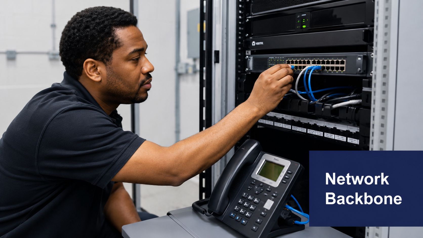 An IT technician plugging an Ethernet cable into a network switch inside a server rack.