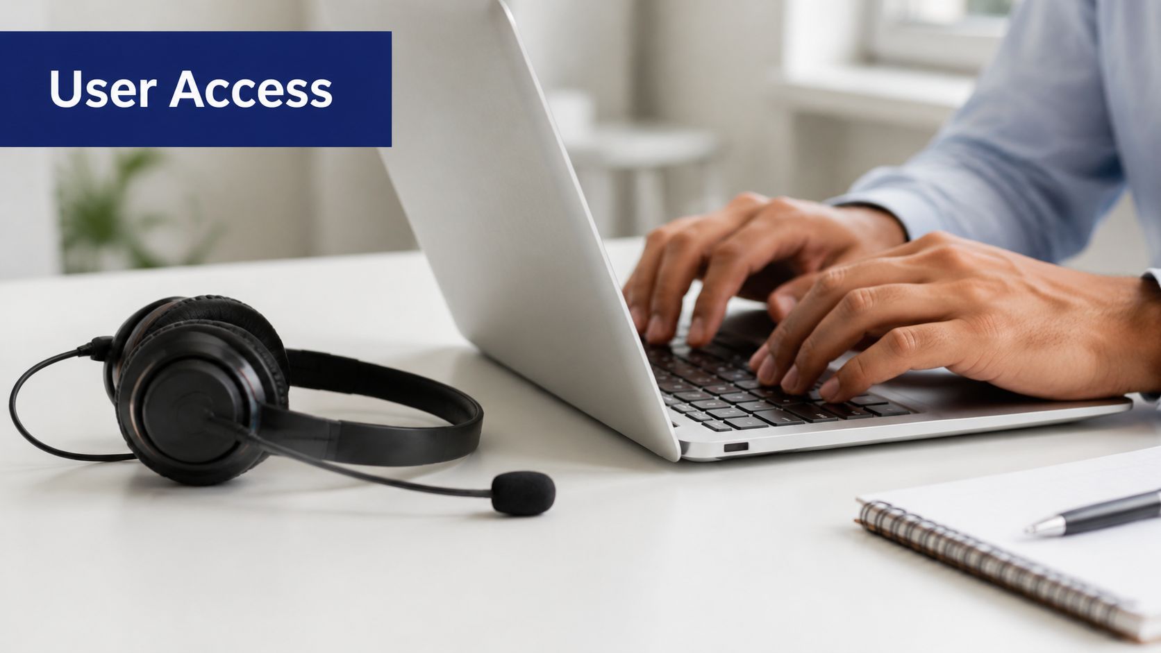 An office worker types on a laptop with a headset on the desk nearby.