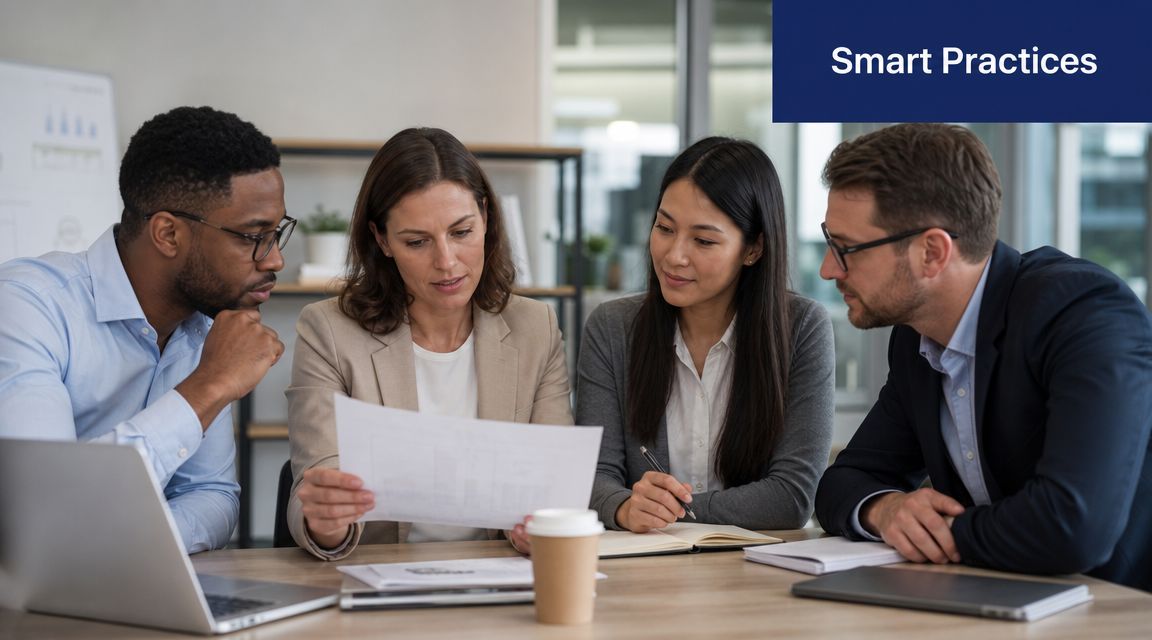 A diverse team of four professionals collaborate during a business meeting in a modern office setting.